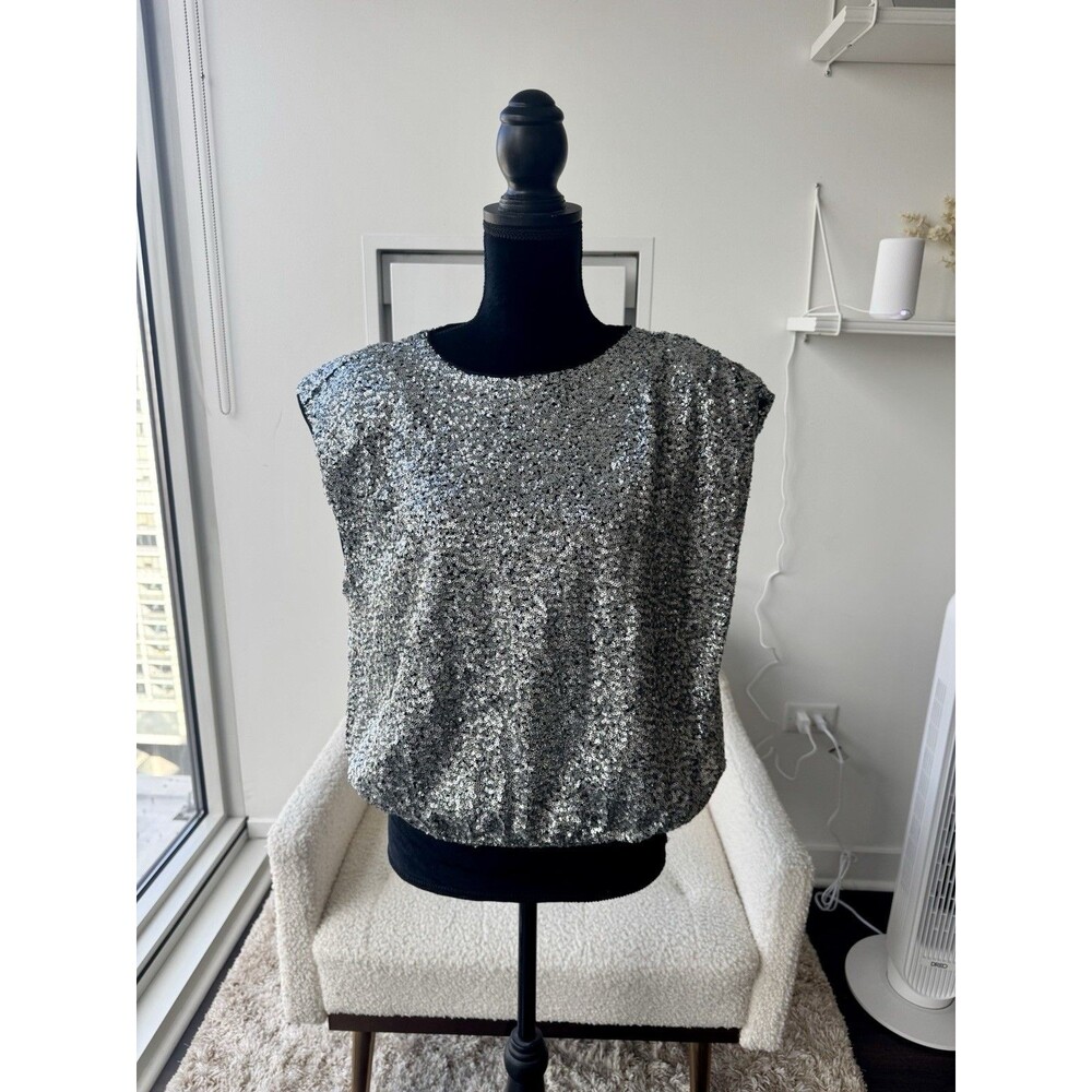 Express Silver Sequin Sleeveless Bubble Hem Tank Size Large NWT!